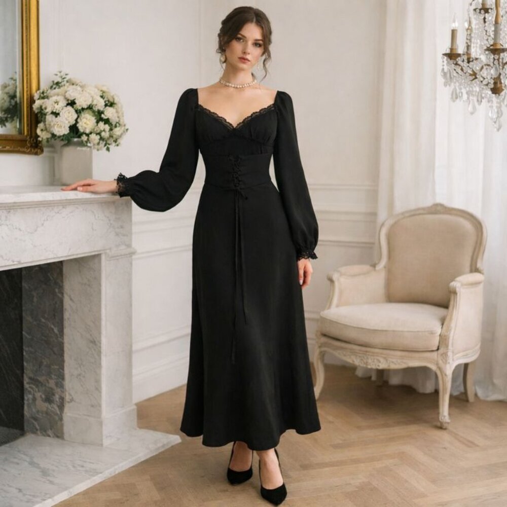 The One by Lichi Romantic Black Lace-Trim Corset Midi Dress EU Design